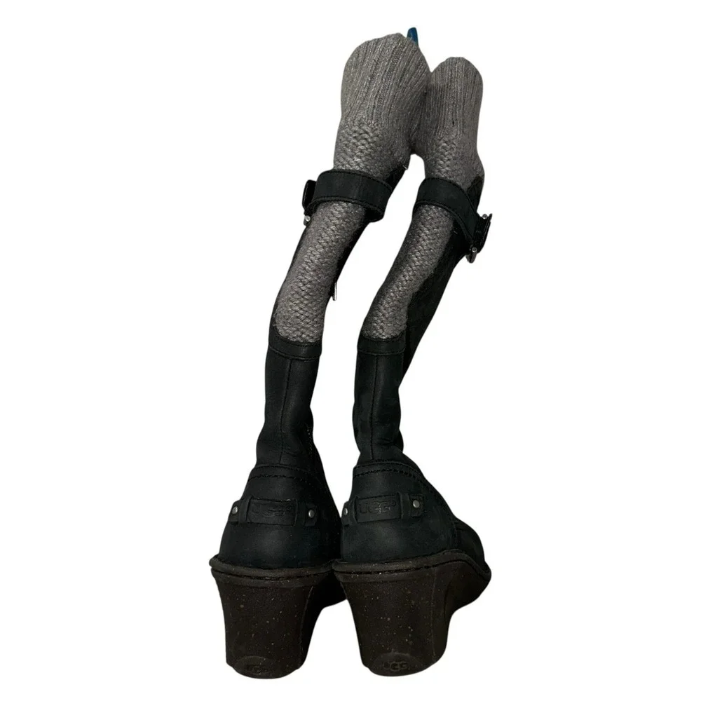 UGG Skyfall Suede Wedge Ankle‎ Boots Black Sheepskin Lined Women's 8 1006145